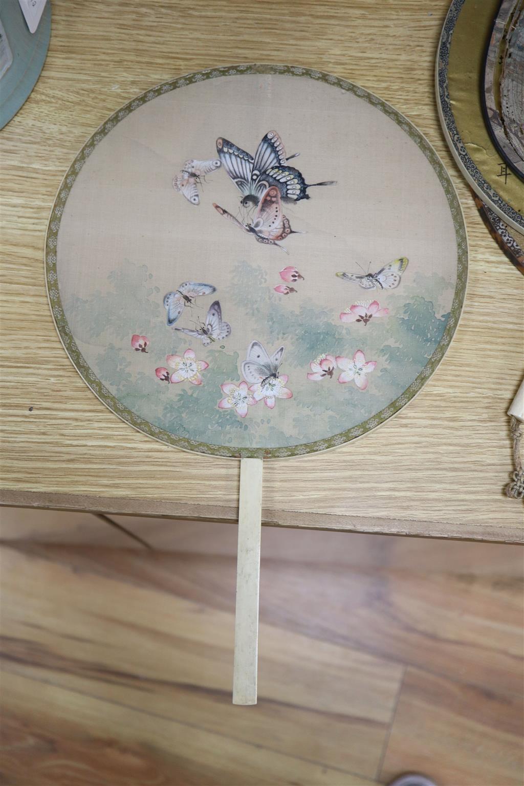 Six Chinese painted silk and ivory handled fans, late 19th/early 20th century